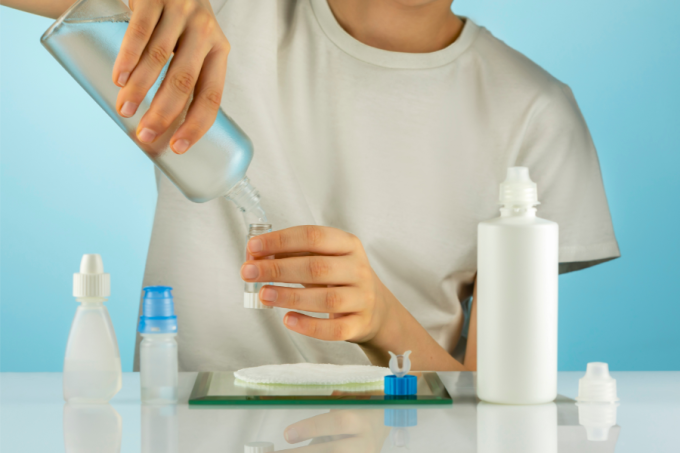 Czyszczenie soczewek kontaktowych płynem.